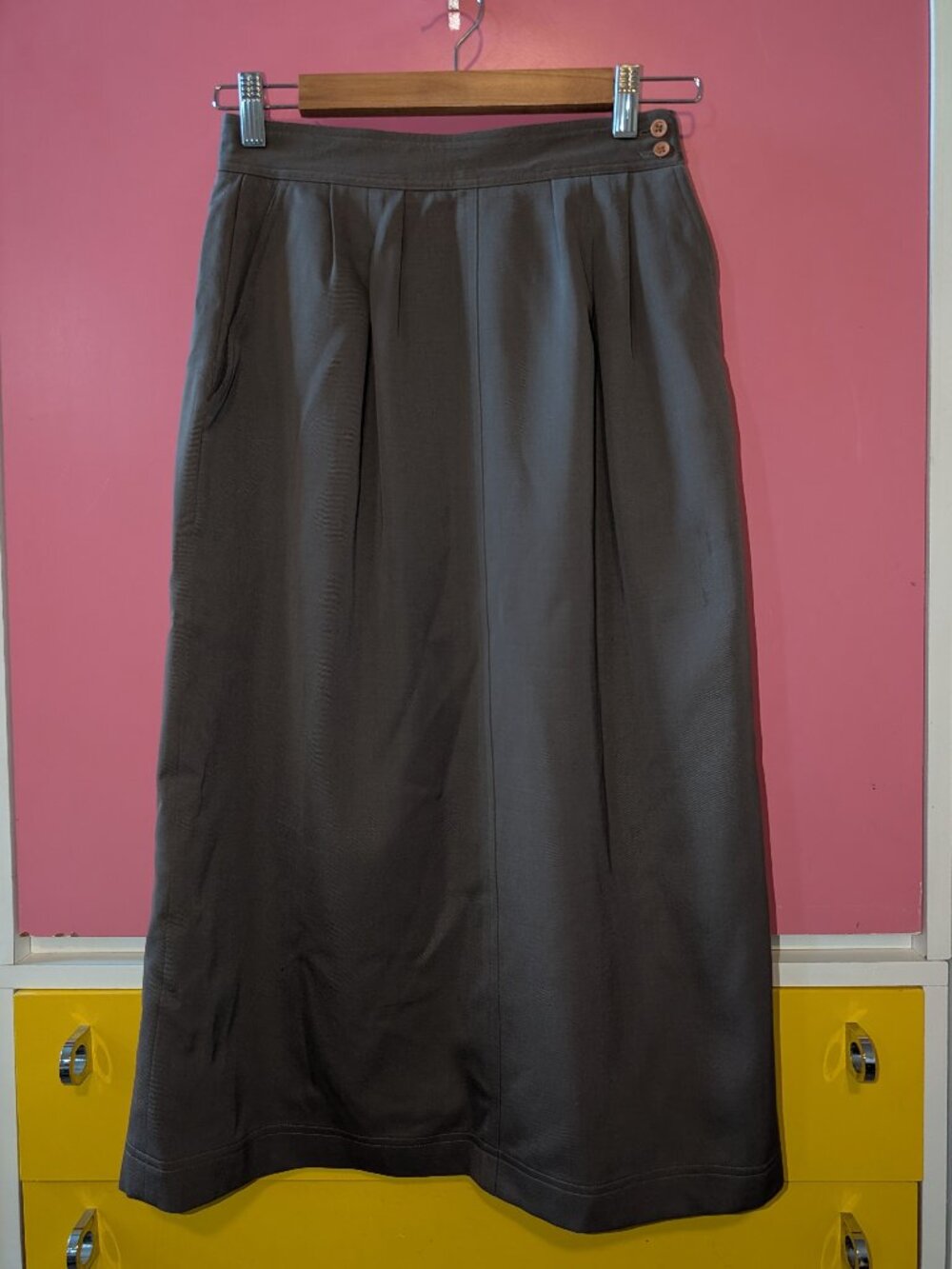 Vintage Rafaella 100% Wool Brown Pleated High Waist Midi Skirt Size 8